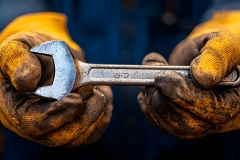 Greasy hands of a mechanic tightening a bolt on an engine block, vivid oil stains on worn gloves, detailed wrench in hand, industrial garage background