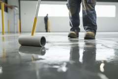 Installing epoxy flooring over pre-existing concrete with a roller and rubber spatula