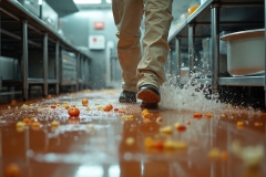 Restaurant worker slips, falls on wet kitchen floor covered in spilled ingredients. Water splashes around worker. Spilled tomatoes, food items scattered around worker. Accident scene demonstrates