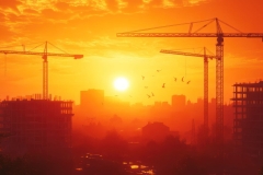 A vibrant sunset casting an orange glow over a construction site, featuring house buildings in progress and cranes lifting materials 8k --chaos 10 --ar 16:9 --v 6.1 Job ID: 65115688-f474-4685-b1d4-cc0f55c4cf1a