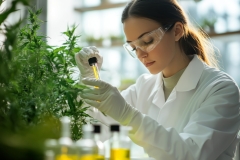 Microbiologists analyze the molecular composition of natural skincare solutions