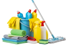 Complete cleaning kit featuring bucket with supplies, mop, spray bottles, gloves, and towels, ensuring home or office cleanliness.
