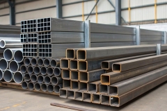 steel pipes in a factory, Stack of rolled metal products, steel pipes and square metal tubes