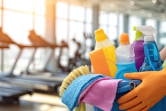 Cleaning Supplies In Gym With Orange Gloves