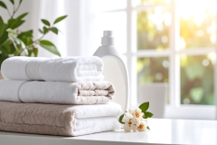 Freshly laundered towels stacked neatly in a bright, sunny home environment.