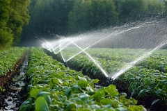 Organic farm field featuring lush green crops and an advanced irrigation system, showcasing the beauty of sustainable agriculture and efficient water management practices