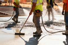 Medium shot of summer concrete pour with crew applying curing compounds and misting water to prevent cracking under hot sunlight.