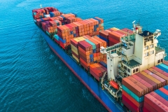 Aerial top view container cargo ship, Business logistic and transportation of International by ship in the open sea.