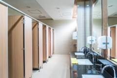 Modern clean toilet decorated with tiles with sinks