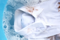 Dirty choclate stain on white shirt in water with detergent water dissolution, washing cloth