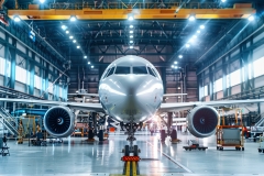 A modern aerospace manufacturing facility with aircraft parts and assembly line