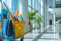 A cart filled with various cleaning supplies parked in a hallway of an office building, banner, copy space
