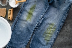 The concept of organic removing grass stains on clothes. Environmental sustainability and zero waste concept. top view.