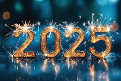 2025 Happy New year with sparlkers and fireworks, New year celebration