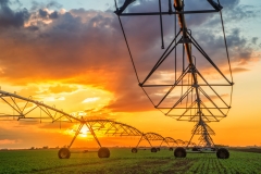 Automated farming irrigation system in sunset