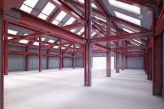red steel framework building indoor perspective view