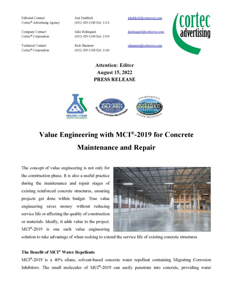 PRESS RELEASE: Value Engineering with MCI®-2019 for Concrete Maintenance and Repair